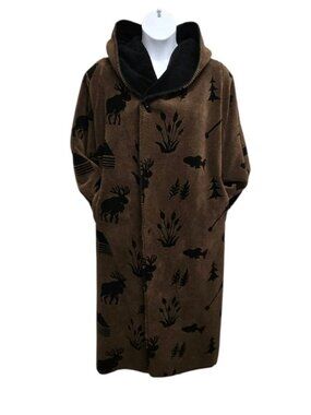 Vntg Denali Long Reversible Fleece Blanket Coat Medium Moose Lodge Cabincore Y2K